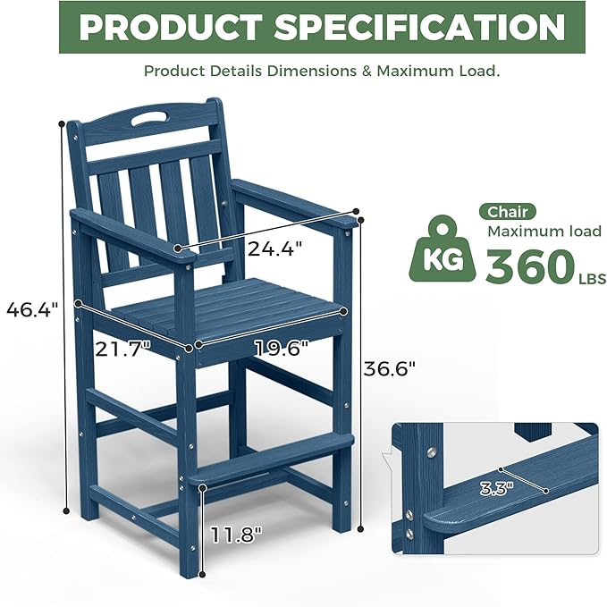 HDPE Outdoor Patio Tall Adirondack Bar Chairs Set of 2, All-Weather Bar Height Balcony Adirondack Stools for Bistro, Garden, Backyard, Pool, Deck | Navy Blue