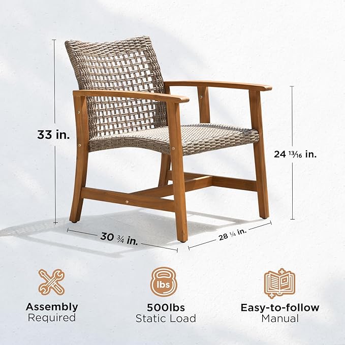 IDZO Liberte 500lbs Capacity Acacia Outdoor Club Chairs Set of 2, FSC Teak Finish Wood Upgraded Patio Furniture Sets with Upgraded 2000Hours UV Resistant Wicker