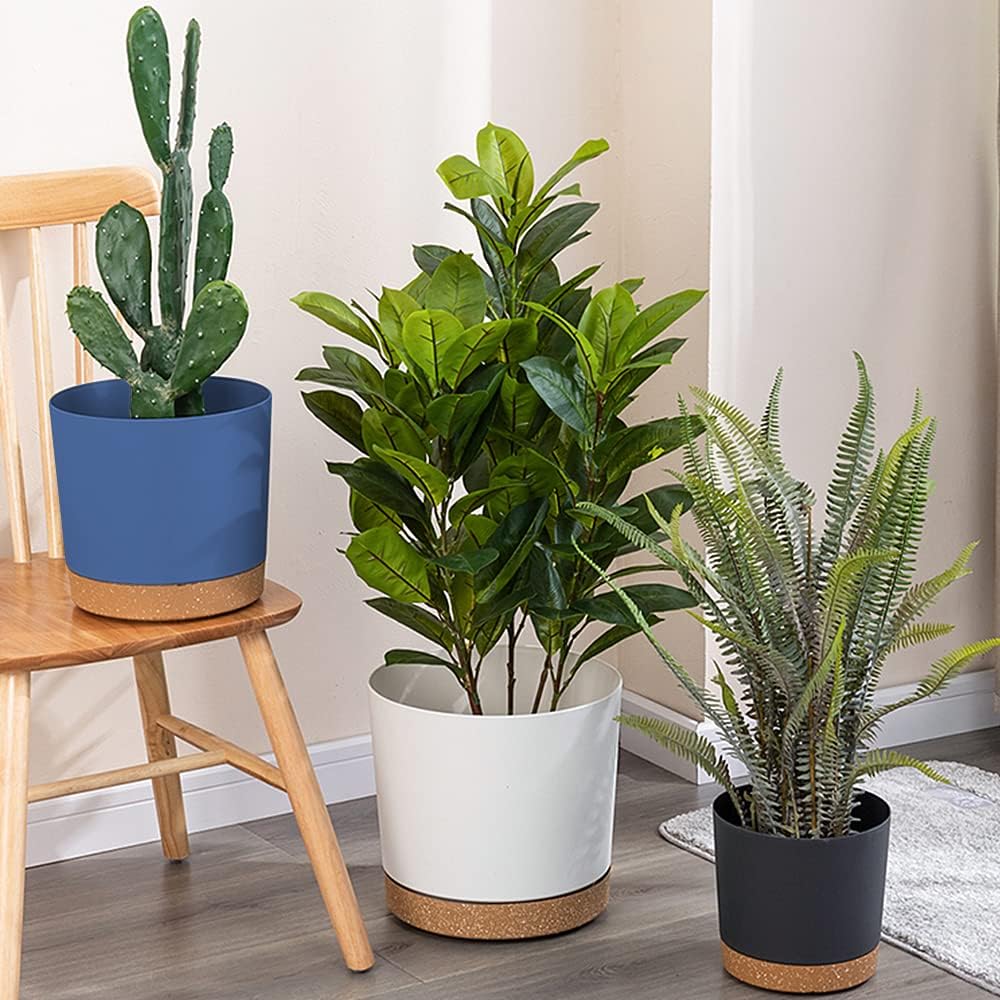 ZMTECH Plant Pots, Set of 3 8'' Self Watering Plastic Planter with Drainage Hole and Saucer, Modern Decorative Flower Pot for Indoor Outdoor House Plants, Succulents, Flowers - Blue