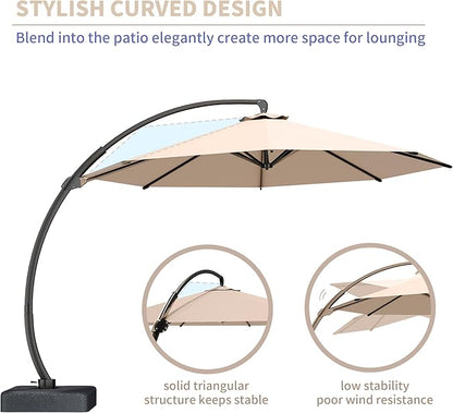 Kingdura 11ft Offset Cantilever Patio Umbrella with Base Included, Large Round Aluminum Outdoor Umbrella, 360° Rotation & Infinite Tilt, Heavy Duty Frame for Deck Pool Backyard, Beige