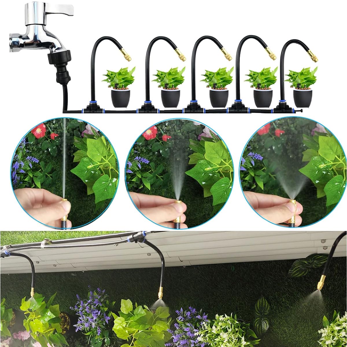 Mist Cooling Automatic Irrigation System-Misting System 33FT Misting Line & 10 Brass Misting Nozzles-Water Hose Mister Kit Sprinkler System for Outside Patio Outdoor Garden Greenhouse Trampoline Pool