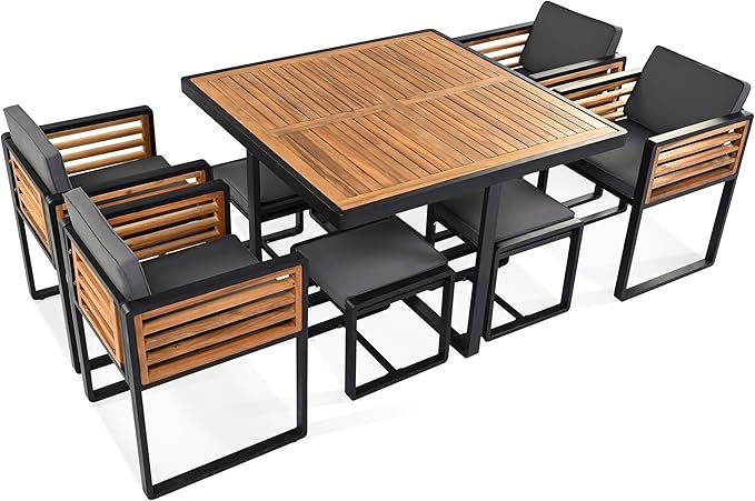 Merax 9 Pieces Outdoor Dining Set for 8 People, Acacia Wood Patio Furniture Sets with 1 Square Table, 4 Cushioned Chairs and 4 Ottomans for Backyard, Garden, Lawn, Poolside, Space Saving Design, Gray
