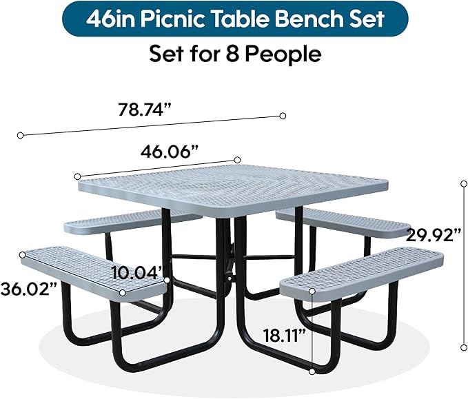 46" Square Picnic Table W/Benches,Heavy Duty Metal Picnic Table Set with 2in Umbrella Hole, 1600 lb Capacity,Commercial Dining Table Furniture for Yard Patio Lawn Party Coffee Shop