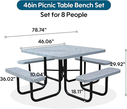 46" Square Picnic Table W/Benches,Heavy Duty Metal Picnic Table Set with 2in Umbrella Hole, 1600 lb Capacity,Commercial Dining Table Furniture for Yard Patio Lawn Party Coffee Shop