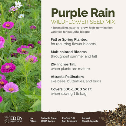 Eden Brothers Purple Rain Flower Mixed Seeds for Planting, 1 lb, 480,000+ Seeds with Zinnia Purple Prince & Violet Queen, Cosmos | Attracts Pollinators, Plant in Spring, Zones 3, 4, 5, 6, 7, 8, 9, 10