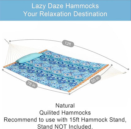 Lazy Daze Hammocks 12FT Quilted Fabric Hammock with Soft Pillow, Double 2 Person Tree Hammock with Spreader Bar for Outdoor Outside Patio Garden Yard Pool Beach, 450lbs Capacity