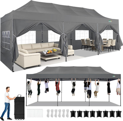 COBIZI 10x30 Pop up Canopy Tent Heavy Duty with 8 Sidewalls, Easy Set-up Commercial Outdoor Party Tent, 100% Waterproof Wedding Gazebo, 3 Height Adjustable with Wheeled Bag,Grey