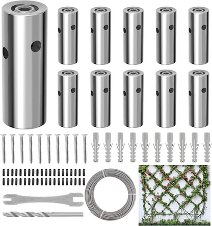 10 Sets Cylindrical Hubs Wall Trellis Kits, Wire Trellis for Climbing Plants Outdoor with 53Ft x 1/8" T316 Stainless Steel Rope, Garden Wire Trellis System for Espalier & Vertical Gardening