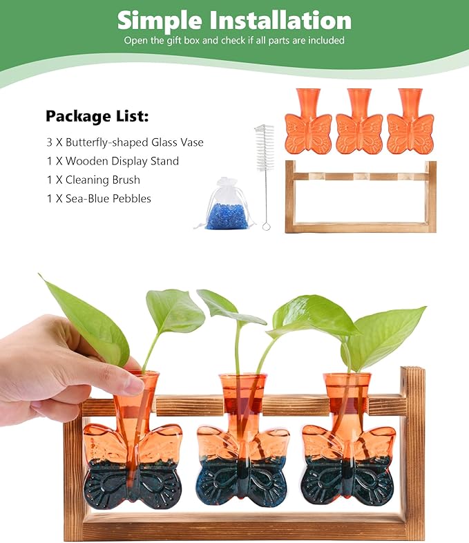 Nacome Butterfly Vase Propagation Stations: Glass Plant Terrarium with Wooden Stand for Home Office Desk Decor, Unique Gifts for Plant Lovers Women Mom (Orange)