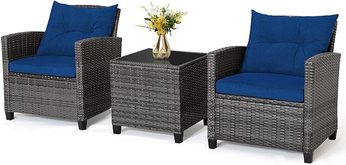 RELAX4LIFE Wicker Patio Furniture Sets - 3 Pieces Patio Rattan Sofa Set, Outdoor Conversation Set with Tempered Glass Tabletop, Heavy-Duty Steel Frame, Wicker Chair Set for Poolside, Backyard, Navy