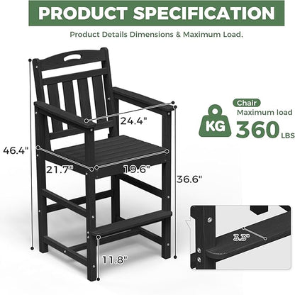 HDPE Outdoor Patio Tall Adirondack Bar Chairs Set of 2, All-Weather Bar Height Balcony Adirondack Stools for Bistro, Garden, Backyard, Pool, Deck | Matte Black