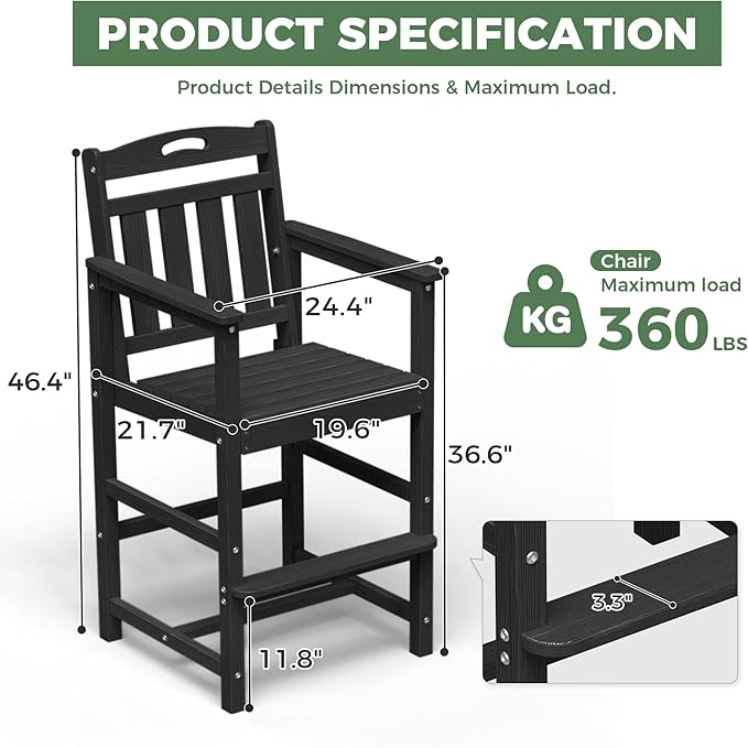 HDPE Outdoor Patio Tall Adirondack Bar Chair, All-Weather Bar Height Balcony Adirondack Stools for Bistro, Garden, Backyard, Deck | Matte Black