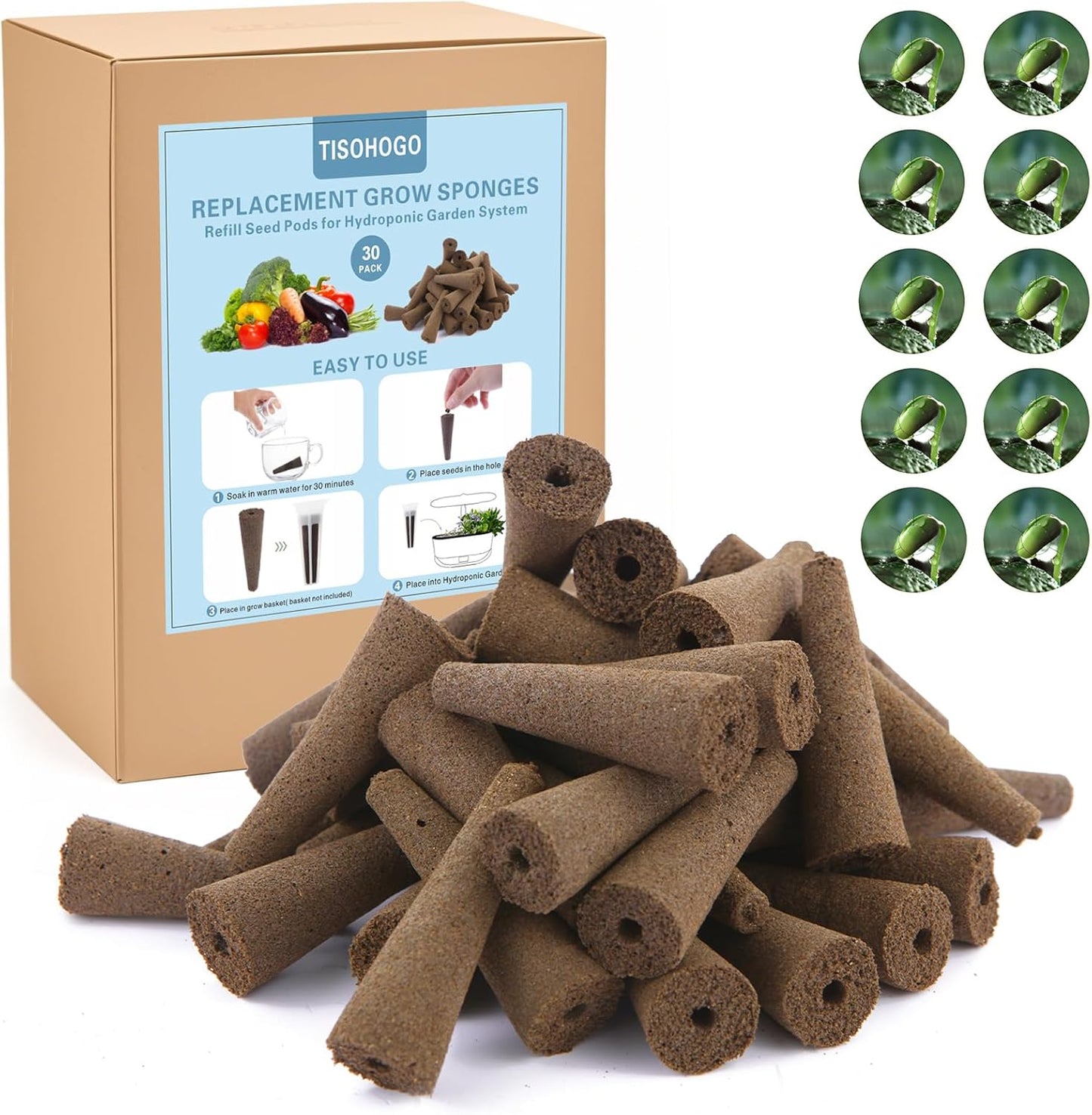 30 Pack Grow Sponges, Seed Pods Replacement Root Growth Sponges Compatible with AeroGarden, Moldy-Free, Kit with 10 Pod Labels for Hydroponic Indoor Garden System