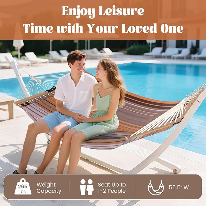 Tangkula 10.5FT Double Hammock, Heavy Duty Outdoor Hammock with Curved Spreader Bars, Detachable Pillow, 2 Person Hammocks for Outside, Porch, Patio (Stand is not Included) (Coffee)