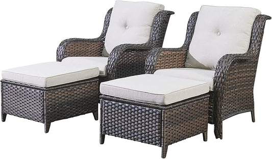 Rilyson Wicker Patio Furniture Set - 4 Piece Rattan Outdoor Sectional Conversation Sets with 2 Chairs and 2 Ottomans for Porch Deck Garden(Brown/Beige)
