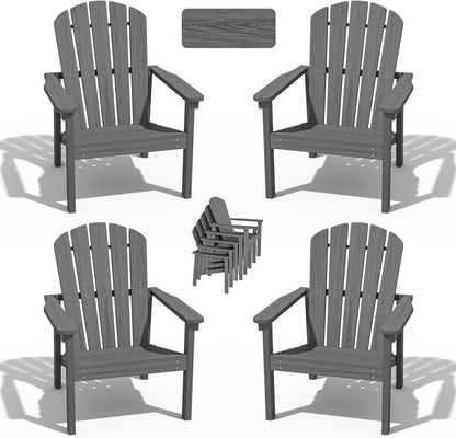 Stackable Adirondack Chair Set of 4, HDPE Outdoor Patio Chair - Durable and Space Saving, Suitable for Porches, Lawns or Garden, Grey