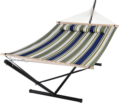 SUNCREAT Double Hammock, Extra Large Quilted Fabric Swing with Hardwood Spreader Bars & Detachable Pillow, Heavy Duty, Perfect for Indoor/Outdoor Patio, Deck, Yard, Blue&Aqua
