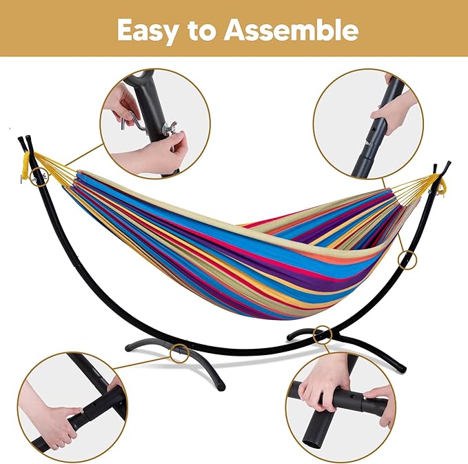 SUNCREAT Portable Large Hammock with Stand, Two Person Hammock with Stand Included, Rainbow Stripes