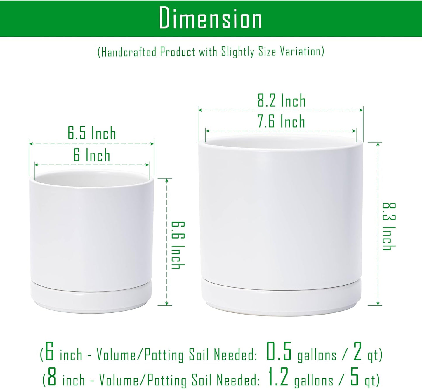 D'vine Dev 6.5 Inch & 8.2 Inch Ceramic Planter Pots for Plants with Drainage Hole and Saucer, Medium Plant Pots Set, White, 94-G-M-1