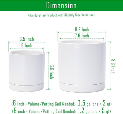 D'vine Dev 6.5 Inch & 8.2 Inch Ceramic Planter Pots for Plants with Drainage Hole and Saucer, Medium Plant Pots Set, White, 94-G-M-1