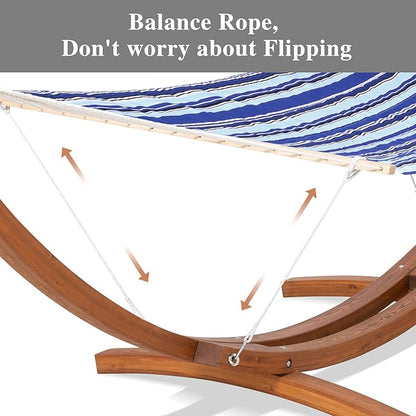 SUNCREAT Rope Hammocks 2 Person Hammock with Stand, Portable Patio Hammock with 13.5 ft Wooden Stand, Blue Stripes