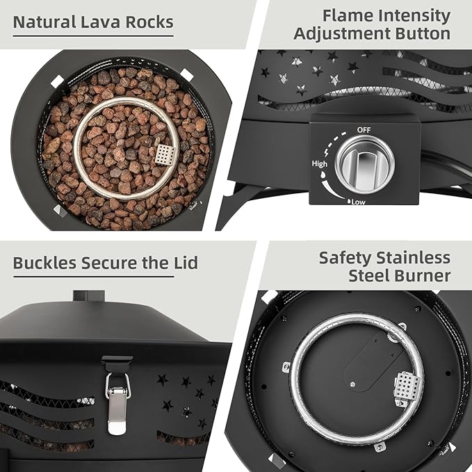 Portable Propane Fire Pit, 24 Inch Smokeless Gas Fire Pit Bowl for Outside, 60,000 BTU Outdoor Firepit with Grill Grate & Lid for Camping, Patio, Yard, Garden