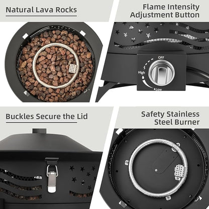 Portable Propane Fire Pit, 24 Inch Smokeless Gas Fire Pit Bowl for Outside, 60,000 BTU Outdoor Firepit with Grill Grate & Lid for Camping, Patio, Yard, Garden