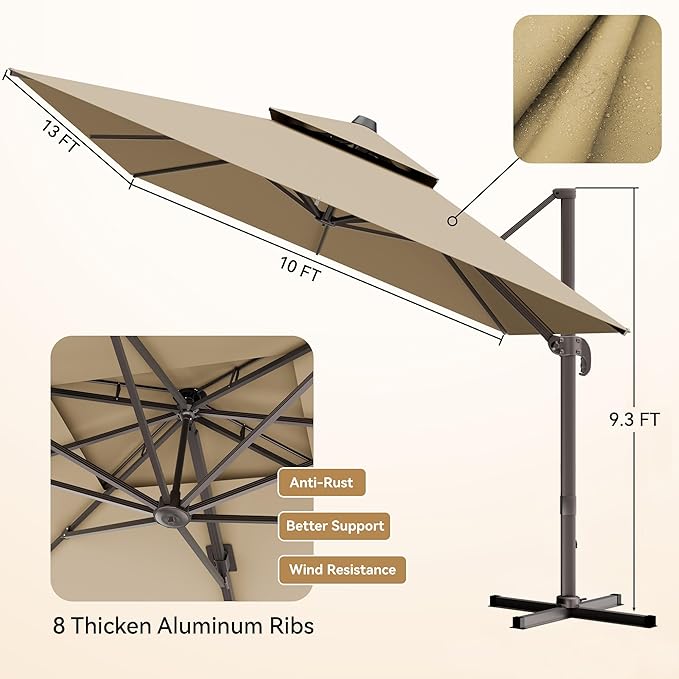 10x13 FT Patio Umbrella, Large Cantilever Rectangular Double Top Heavy Duty Offset Umbrellas with 360° Rotation, Outdoor shade for Garden Deck Pool Patio, Tan