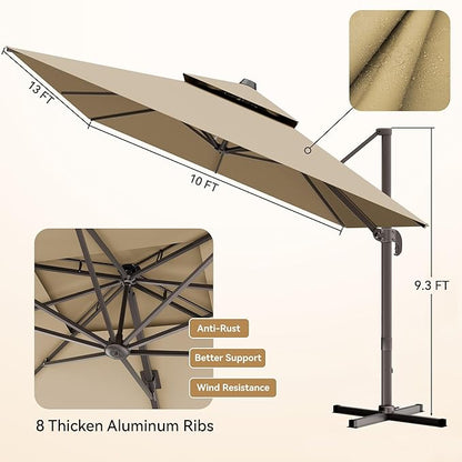 10x13 FT Patio Umbrella, Large Cantilever Rectangular Double Top Heavy Duty Offset Umbrellas with 360° Rotation, Outdoor shade for Garden Deck Pool Patio, Tan