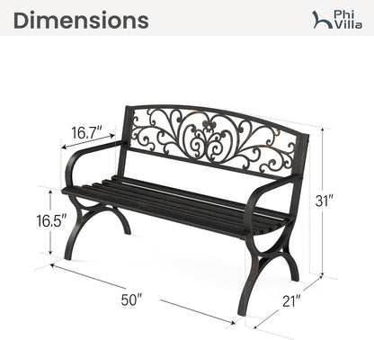 PHI VILLA 50Inch Cast Iron Steel Frame Garden Bench Patio Furniture Chair Outdoor Bench w/Floral Design Backrest, Slatted Seat for Park, Yard & Porch, Bronze