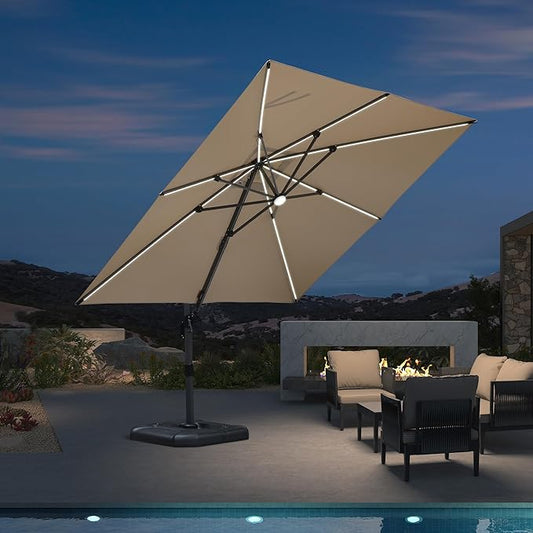 PURPLE LEAF 10 Feet Patio Umbrella Outdoor Cantilever Solar Powered LED Square Umbrella Aluminum Offset Umbrella with 360-degree Rotation for Garden Deck Pool Patio, Beige