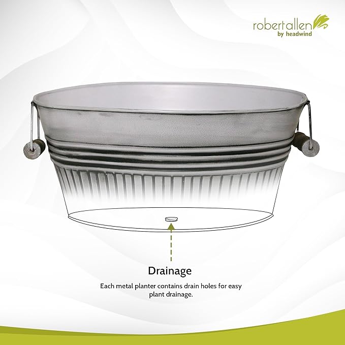 Headwind Vintage Collection 14-Inch Rustic White Oval Galvanized Tub with Handles – Metal Wash Basin Planter - Galvanized Metal Tub for Indoor & Outdoor Use by Robert Allen