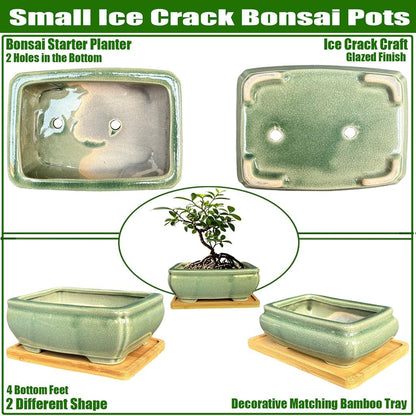 MUZHI 2pcs Green Ceramic Bonsai Planter Pots with Bamboo Tray 6.2 “ & 5.3”, Rectangular Glazed Bonsai & Succulent Cactus Starter Pot with Drainage Ice Crack Design