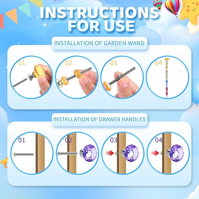 AIPRIDY DIY Fairy Wand Garden Beads Stakes Wands Kit,Multiple Color Scheme European Beads Crystal Diamond Tops and 12 or 10 Inch Threaded Rods,Stainless Steel Stakes with Diamond Toppe(Six Color)