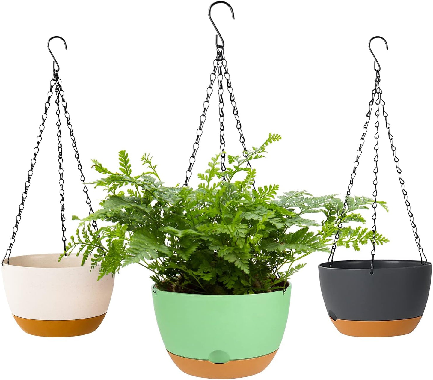 Bevgems 3 Pack 8.26 Inch Hanging Planters, Plastic Self-Watering Hanging Flower Plant Pot, Decorative Flower Pot Holder with Drainage Holes & Removable Tray for Indoor Outdoor Plants,Flowers, Herbs