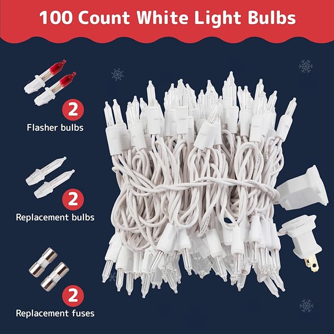 PREXTEX 100-Count Warm White Christmas Lights - 20 ft Clear StringLights on White Wire - Incandescent Xmas TreeLights for Indoor and Outdoor Decorations