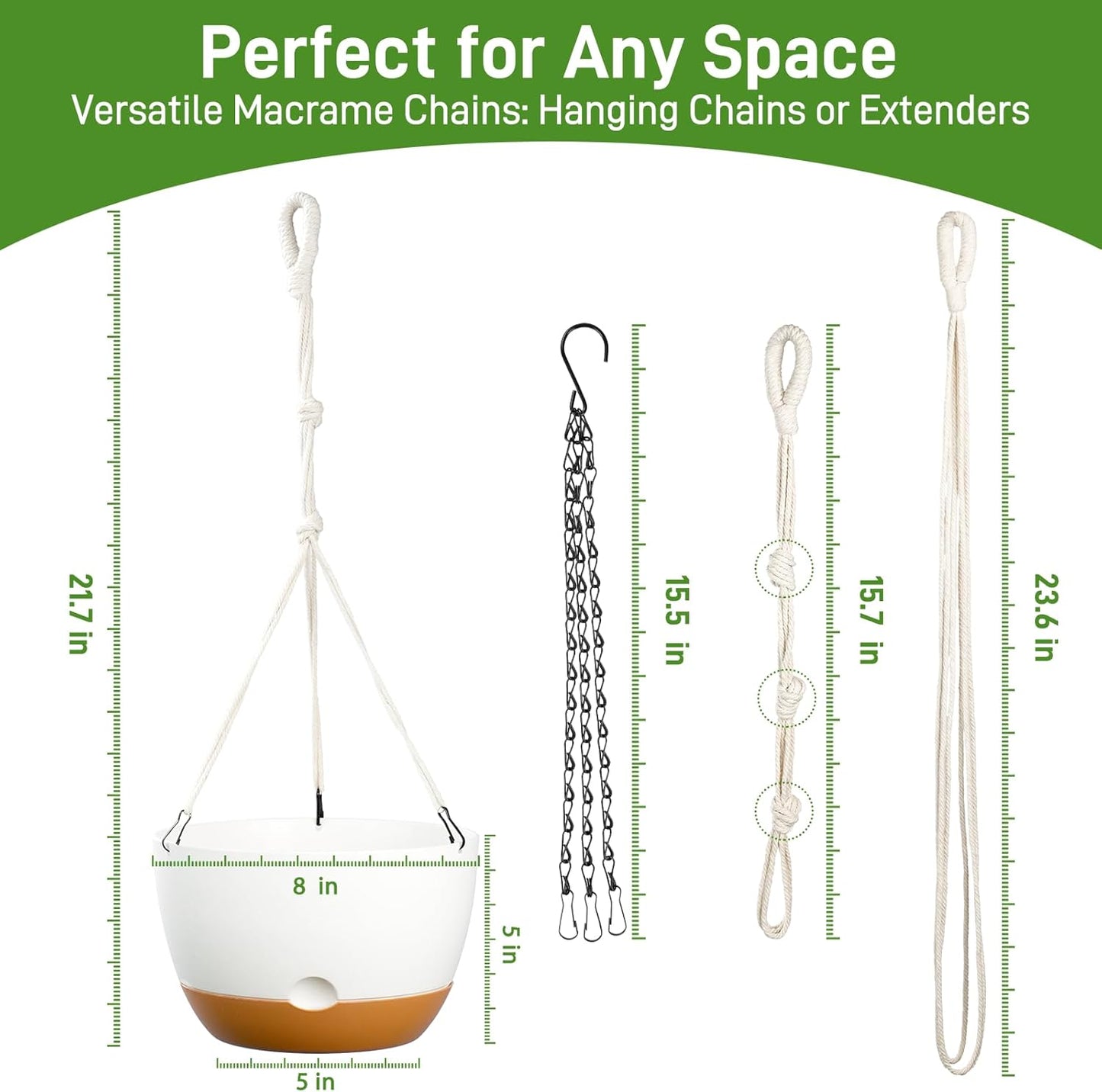8 Inch Hanging Planters for Indoor & Outdoor Plants (2 Pack) - Self-Watering & Drainage Flower Pots with 2 Kinds of Plant Hangers for Home Decor & Garden (White, 8 in)