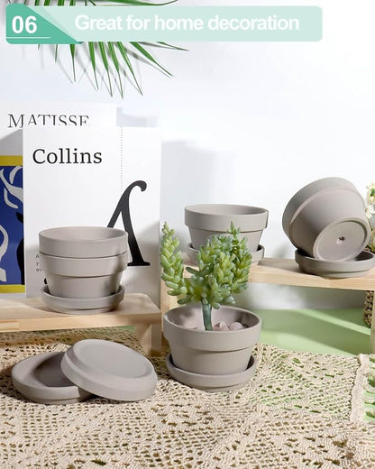 vensovo 4.5 Inch Grey Terracotta Shallow Succulent Pots - 6 Pack Terra Cotta Clay Pot with Saucer, Cacuts Indoor and Outdoor Planters with Drainage Hole