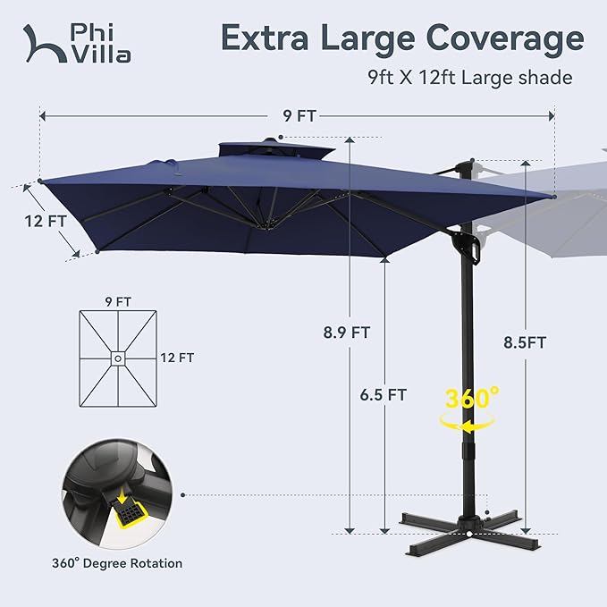 PHI VILLA 9' X 12' Cantilever Patio Umbrella with Base, Outdoor Large Rectangular Umbrellas with 360°Rotation, Heavy Duty Hydraulic Double Umbrella Windproof for Outside, Navy Blue