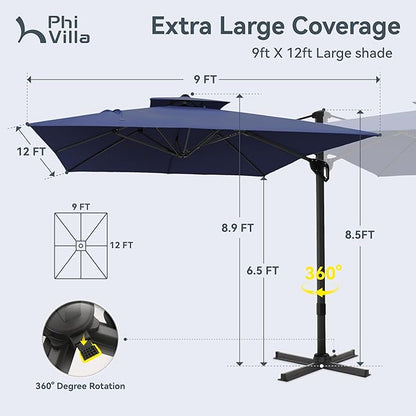 PHI VILLA 9' X 12' Cantilever Patio Umbrella with Base, Outdoor Large Rectangular Umbrellas with 360°Rotation, Heavy Duty Hydraulic Double Umbrella Windproof for Outside, Navy Blue
