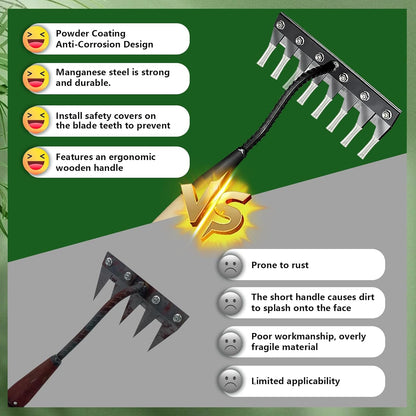 Upgraded Cultivator rake, Spray-Coated Rust-Proof Manganese Steel Weed rake, and 8-Tines Garden Weed Puller Tool with Wooden Handle — All for Lawn and Garden, Ideal gardinia uprooting Tool.
