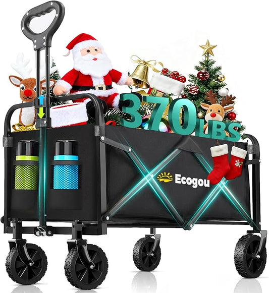 Collapsible Wagon with Wheels, 370lbs Weight Capacity Foldable Beach Wagon with Flexible Handle Portable Utility Wagon Cart for Outdoor, Grocery, Garden, Camping