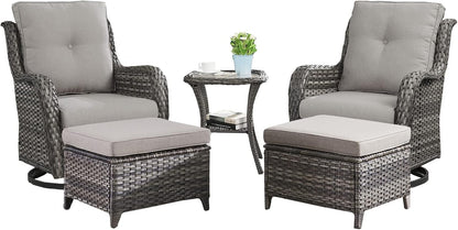 Outdoor Wicker Patio Furniture Set - 5 Pieces Rattan Patio Conversation Set with 2 Rocking Swivel Chairs,2 Ottomans and 1 Side Table for Porch Deck Backyard Garden(Mixed Grey/Grey)