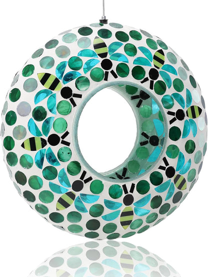 Yinns Bird Feeder - Fly Through Hanging Glass Large Bird Feeders for Outdoors Circle Wild Bird Mosaic Feeders Seed Container 9 inch