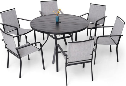 7-Piece Outdoor Dining Set, 48'' Round Table with 6 Stackable Chairs All Weather Furniture Set - Grey