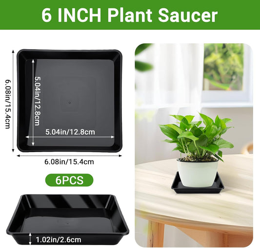 GREANER Plant Trays for Pots Square, 6 Inch Plant Drip Trays, Black Plant Plates to Catch Water Indoor Plants, Plant Tray for Indoor Outdoor Flower Pots and Planters, Bulk(6 PCS)