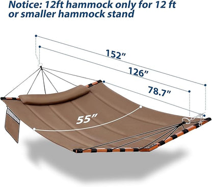 TegerDeger 12FT 2 Person Hammock Large Hammock 450LB Capacity with V Shaped Hardwood Spreader Bar & Nylon Rope for Outside, Patio, Garden, Backyard, Beach, Poolside - Brown