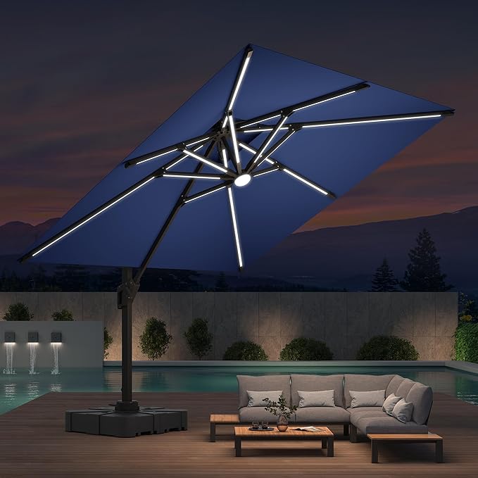 10x10 FT Cantilever Patio Umbrella with Led Lights Double Top Outdoor Square Heavy Duty Offset Umbrellas 360°Rotation Free-motion Track Tilt Windproof for Pool Deck Garden, Navy