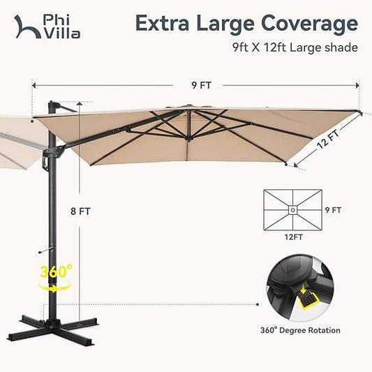PHI VILLA 9'x 12' Patio Umbrella with Easy-Using Handle, 360° Rotation & 6-Level Tilt , Cantilever Aluminum Rectangle Outdoor Offset Umbrella for Deck, Pool, Garden Windproof & Crashproof (Beige, No Base)