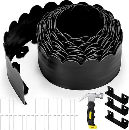 6 Inch Tall 33 ft Length No Dig Landscape Plastic Edging Kit with Hammer Spikes Plastic Garden Flower Bed Edging Landscape Edging Border for Gardens Border Lawn Grass Yard (Black,Wave)